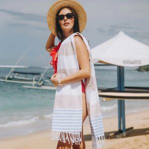 Beige Blue 100% Turkish Cotton Beach Bath Towel - Citizens of the Beach